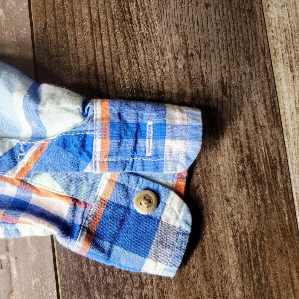 Old Navy Boys 12-18m Plaid Button Down Shirt Blue Orange EUC
